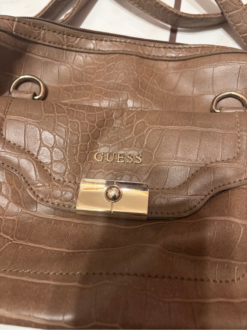 GUESS Taupe Croc-Embossed Chain-Handle Shoulder Bag - Picture 12 of 12